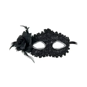 máscara preta brilhante sublimada floral elegante romântica misteriosa renda veneziana sofisticada sensual leve confortável ajustável artesanal