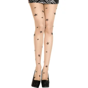 meia calça pele transparente nylon sedoso pernas estrelas pretas aplicadas elastano ajustável confortável sensual elegante leve durável modelador brilho suave