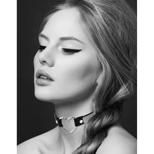 colar couro preto fetichista ajustável traseiro botões pressão frontal coração metal prateado faixa strass brilhante sensual 39cm 17cm