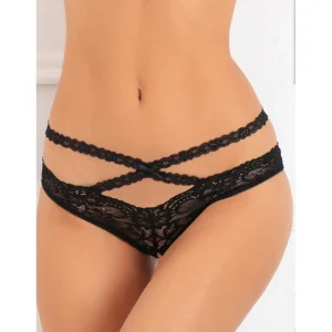 Tanga preta renda fina suave sedutora elegante sensual ornamentos cruzados frente verso abertura virilha conforto pele nylon elastano