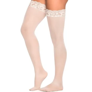 meias nylon brancas autossustentáveis renda silicone interna faixa larga fixação coxa opacas finas delicadas elastano confortáveis elegantes