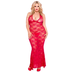 camisola longa tamanho grande vermelha decotada renda floral sensual elegante curvilínea costas seminua fluida ajustada confortável poliéster elastano