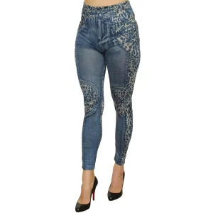 legging azul efeito jeans desbotado estampa leopardo moderno original elástico macio confortável cintura alta poliéster elastano