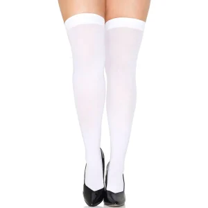 meias grandes brancas opacas finas macias toque superior faixa elastano ajuste firme perna confortável elegantes sensuais nylon resistente modelagem reforçada