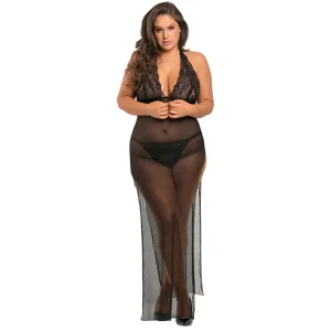 camisola longa tamanho grande preta transparente fenda profunda renda decote pronunciado tanga inclusa sensual elegante leve