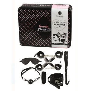 Kit Bondage BDSM couro sintético vegano preto caixa metálica iniciantes chicote algemas tornozeleiras venda mordaça corda 10m colar forro macio