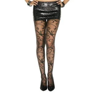 meia calça fantasia preta nylon elastano arabescos chique elegante pernas ajustada confortável modelagem transparente resistente trabalho noite