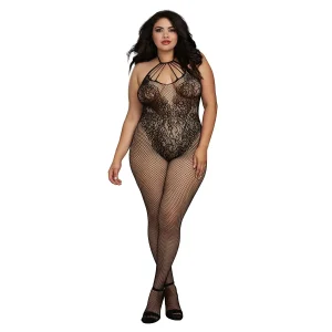 Bodystocking Tamanho grande em rede no estilo Body com lindo decote com tiras – DG0326XBLK