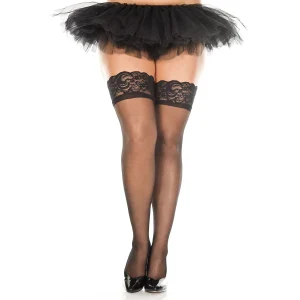meias finas pretas tamanho grande autoadesivas femininas curvilíneas véu suave sedoso ligas rendadas renda elástica qualidade conforto elasticidade sensualidade acabamento