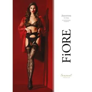 Meia Calça Cinta Liga Amorosa Fiore Preta Transparente Véu Floral Luxuriante Tridimensional Resistente Durável Segunda Pele