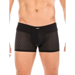boxer preto sedutor cintura larga barra inferior vazada losango tecido macio confortável poliamida elastano acabamento liso ajuste anatômico respirável