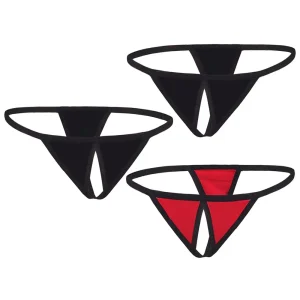 conjunto pacote três strings abertas virilha duas pretas vermelha poliéster elastano noventa porcento dez porcento feminino sensual liso lavavel