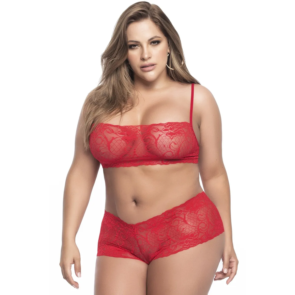 Conjunto lingerie tamanho grande vermelho renda top bustiê mini alças ajustáveis shorty modelador nádegas sensual macio coleção Mapalé nylon elastano - Image 2