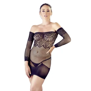 Mini vestido preto malha fina sem costuras elástico ombros descobertos mangas semi longas costas decote bordado padrão elaborado tanga incluída