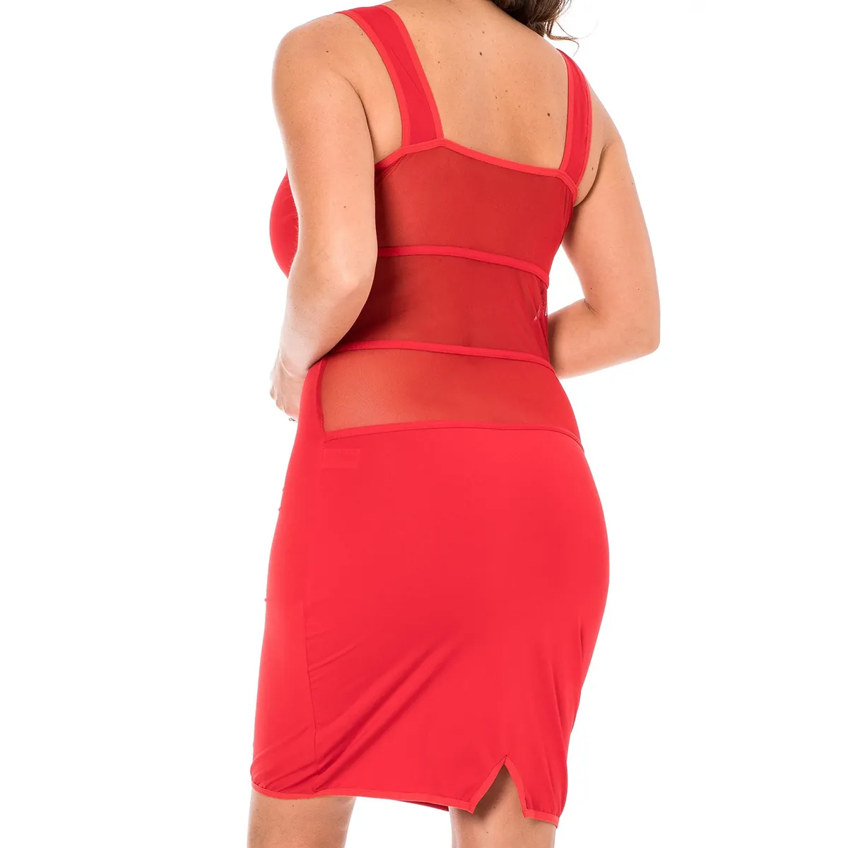 vestido sensual elegante vermelho malha transparente fina rede acima abaixo peito tecido opaco alça larga ombros nus decote redondo elástico - Image 5