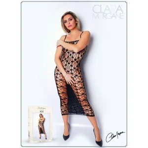 vestido longo sexy rendado rede preto Clara Morgane alças finas efeito segunda pele ajustável curvas poliamida elastano sensual festa