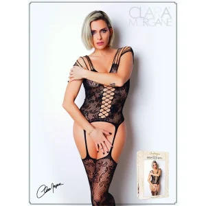 bodystocking renda floral ClaraMorgane alças cascata abertura barriga laço cruzado peito sublime curvas meiasligas erotismo tecido elástico justo poliamida elastano
