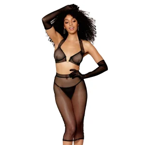 Conjunto Sexy Duas Peças Sutiã Malha Transparente Preto Alças Grossas Fecho Gancho Fio Metálico V Saia Longa Zíper Costas Dourado