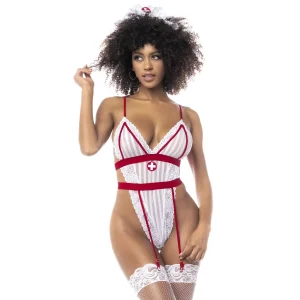 fantasia enfermeira sensual body listrado branco cavado copas macias faixa elástica larga alças ajustáveis cintura ligas frontais
