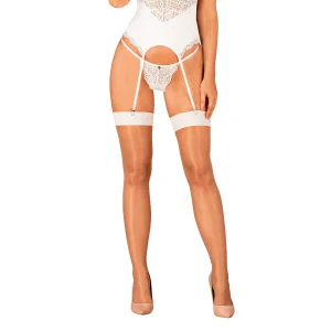 Meias Femininas Elegantes Sensuais S814 Brancas Lisas Acabamento Malha Bege Ajuste Corporal Coxas Destacadas Cinto Ligas Conjunto Sedutor