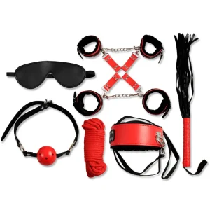 Kit BDSM oito peças vermelho preto couro sintético vegano caixa metal premium sedutor iniciantes especialistas bondage