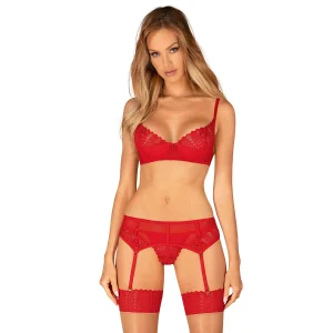 conjunto lingerie vermelho sensual renda delicada sutiã acolchoado armações alças ajustáveis fecho multietapas pingente brilhante tanga cinto ligas tecido confortável