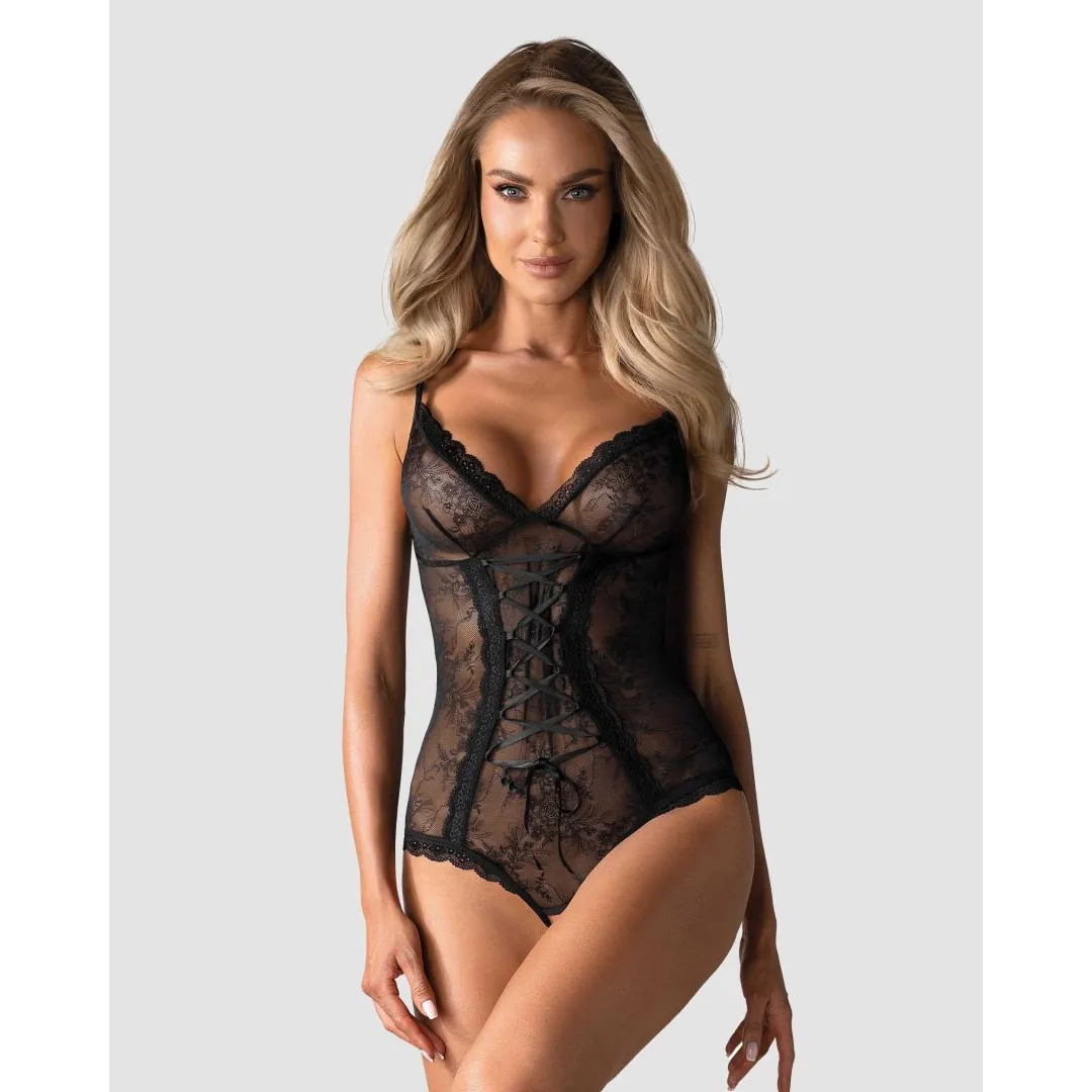 body renda preta floral copas suaves fita destaque busto alças ajustáveis cintura afinada laço acetinado entreperna aberta poliamida elastano - Image 5