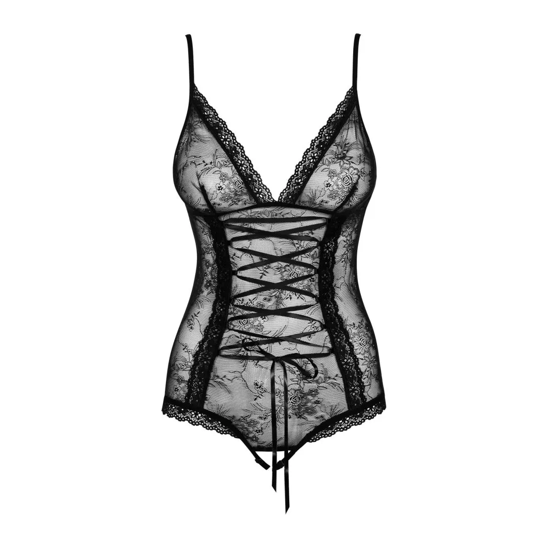 body renda preta floral copas suaves fita destaque busto alças ajustáveis cintura afinada laço acetinado entreperna aberta poliamida elastano - Image 6