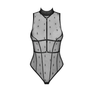 Anniverse Especial teddy body delicado transparente rendado preto arnês alças ajustáveis tecido logotipo marca abertura virilha três níveis sem níquel