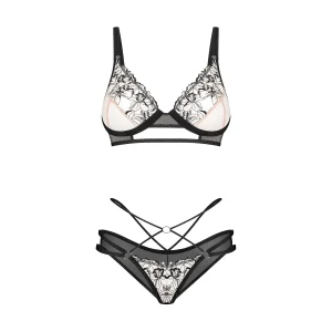 Conjunto Vila Blanes duas peças sutiã calcinha tule bordado floral copas aro alças ajustáveis fecho dourado poliamida elastano