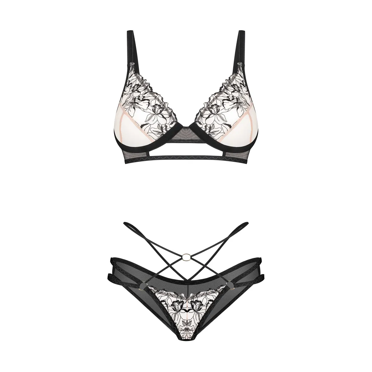 Conjunto Vila Blanes duas peças sutiã calcinha tule bordado floral copas aro alças ajustáveis fecho dourado poliamida elastano
