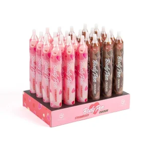 Expositor canetas corporais comestíveis morango chocolate vintequatro unidades 35g cada diversão sensual casal preliminares pintura corporal lambível