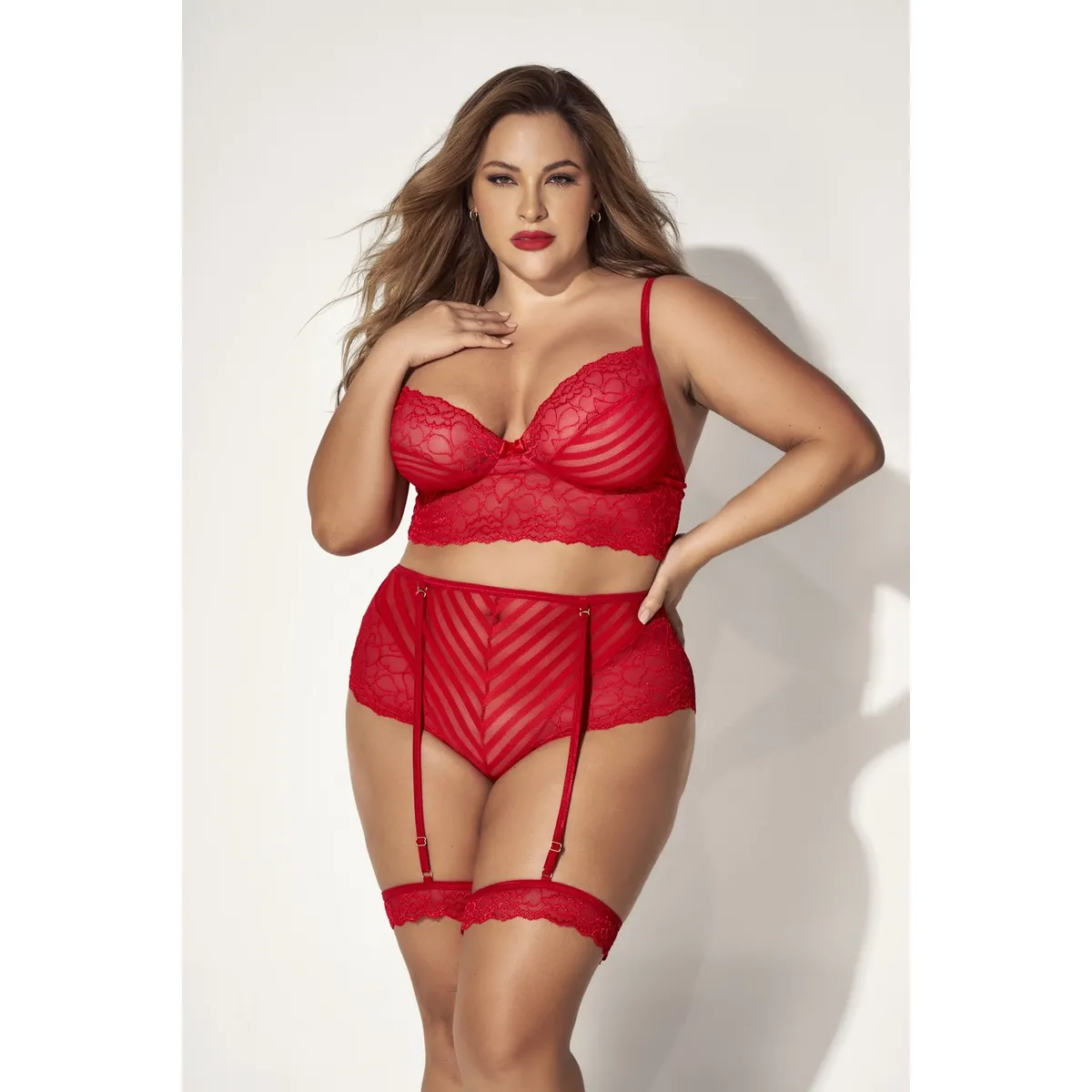 Conjunto lingerie tamanho grande duas peças renda vermelha sutiã listrado calcinha cintura alta ligas removíveis nylon elastano poliamida sensual confortável - Image 6