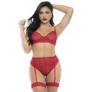 conjunto duas peças renda vermelha sutiã listrado calcinha cintura alta ligas removíveis sensual romântico confortável nylon elastano poliamida