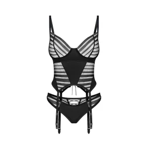 conjunto lingerie preta espartilho tanga copas armação tecido macio renda transparente listras pretas alças largas ajustáveis fecho gancho laço costas