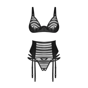 Conjunto aberto sensual provocante listras transparentes sutiã copas ovais cinto largo alças integradas tanga aberta malha elástica poliamida elastano