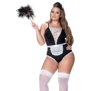 Fantasia Empregada Sexy Tamanho Grande Body Cruzados Frente Renda Avental Faixa Fecho Gancho Virilha Meias Não Incluídas Poliéster Elastano