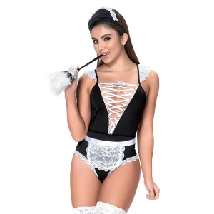 Fantasia Empregada Doméstica Sexy Body Cruzado Detalhes Renda Avental Faixa Fecho Gancho Virilha Meias Excluídas Poliéster Elastano Poliamida