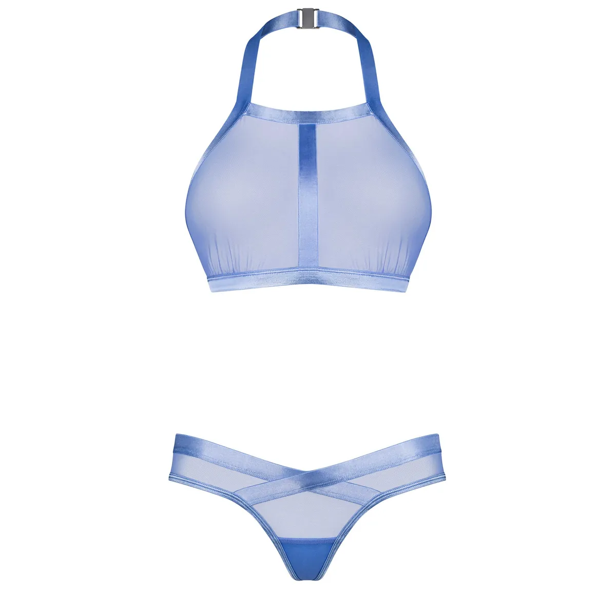 conjunto lingerie azul luxuoso suave dorso exposto sedutor alça ajustável string assimétrico bordas confortáveis ganchos malha transparente hipoalergênico - Image 2