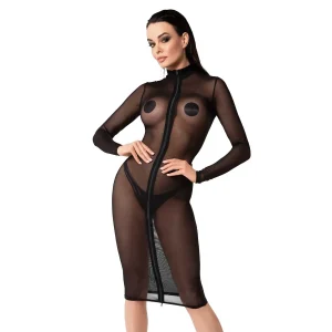 vestido midi transparente tule elástico zíper frontal justo contornado cintura marcada malha respirável provocante sedutor festa noite íntima
