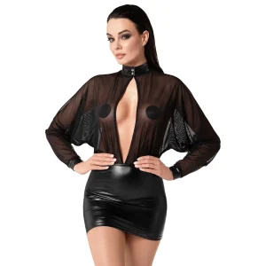 mini vestido wetlook elástico powernet transparente renda blusa malha mangas longas gola alta abertura costas nuas saia justa