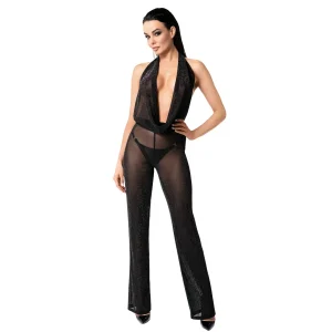 macacão transparente cintilante brilhante powernet elástico ajustado decote profundo costas nuas laço traseiro pantalona fluido sensual ousado noite
