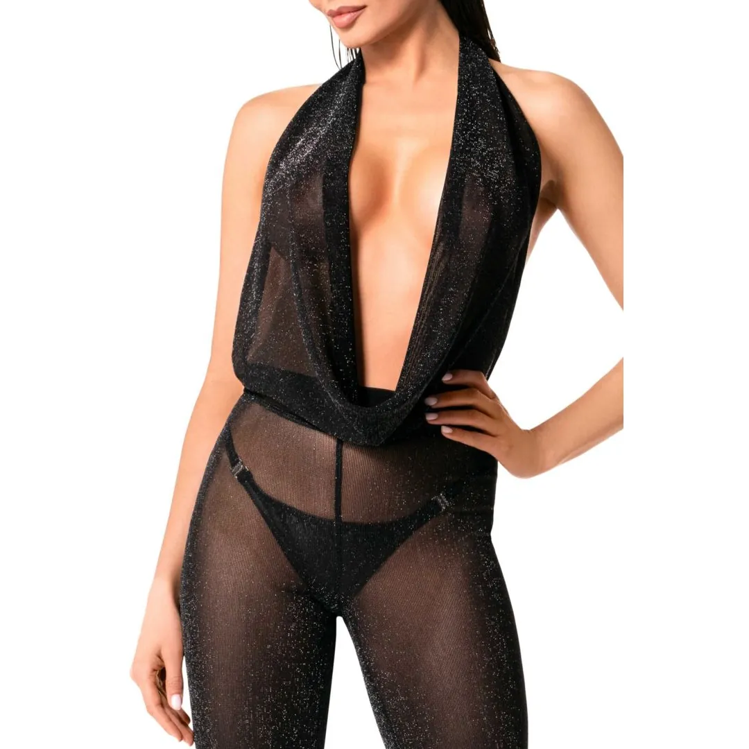 macacão transparente cintilante brilhante powernet elástico ajustado decote profundo costas nuas laço traseiro pantalona fluido sensual ousado noite - Image 5
