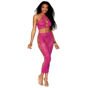 conjunto íntimo rede sutiã faixa malha rosa saia longa sem costura costas nuas tecido elástico transparente feminino nylon elastano