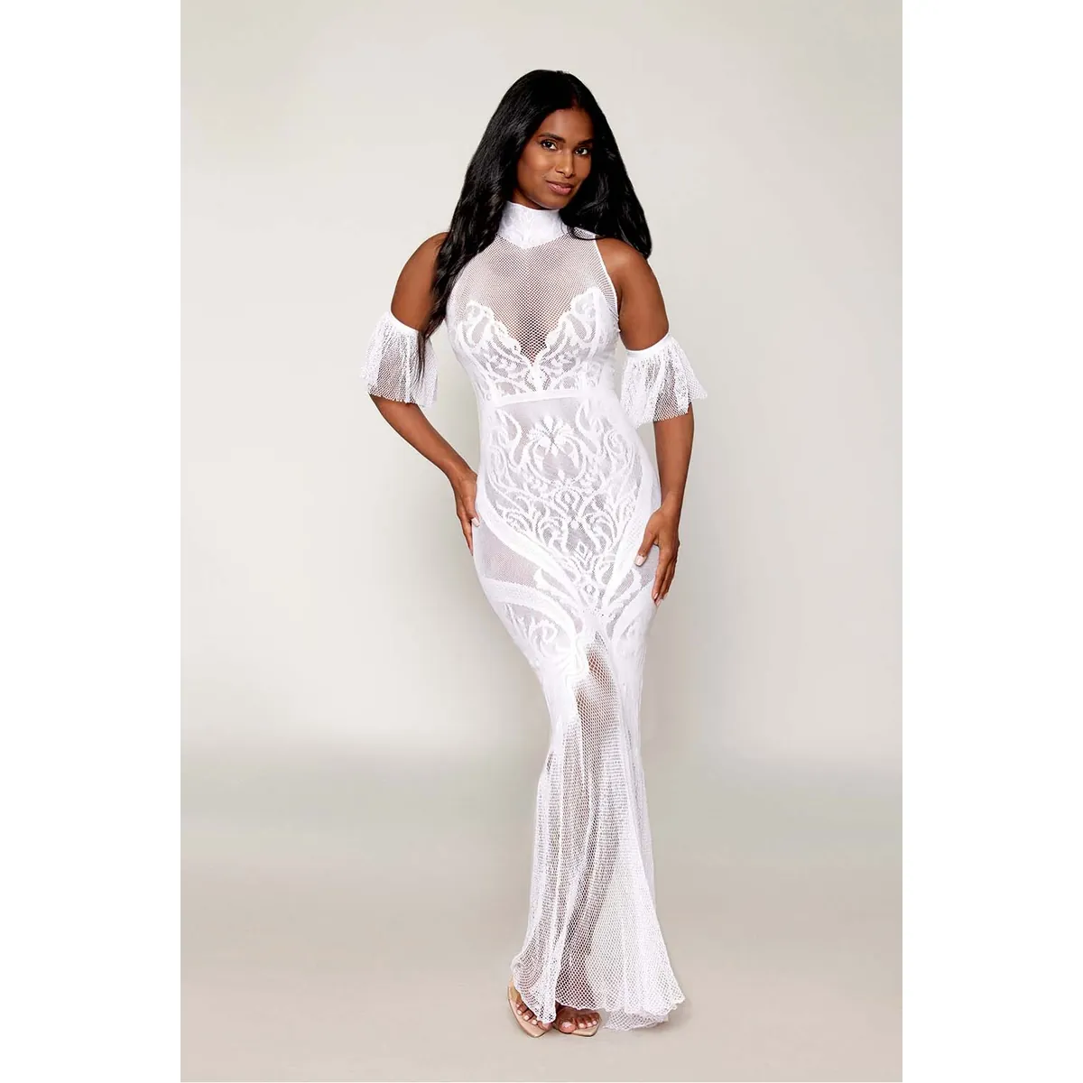 vestido bodystocking branco sem costura renda personalizada painéis rede gola larga mangas flutuantes separadas tanga não incluída - Image 9