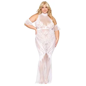 vestido bodystocking branco tamanho grande sem costura renda personalizada inserções rede gola larga mangas flutuantes separadas inclusas tanga não incluída