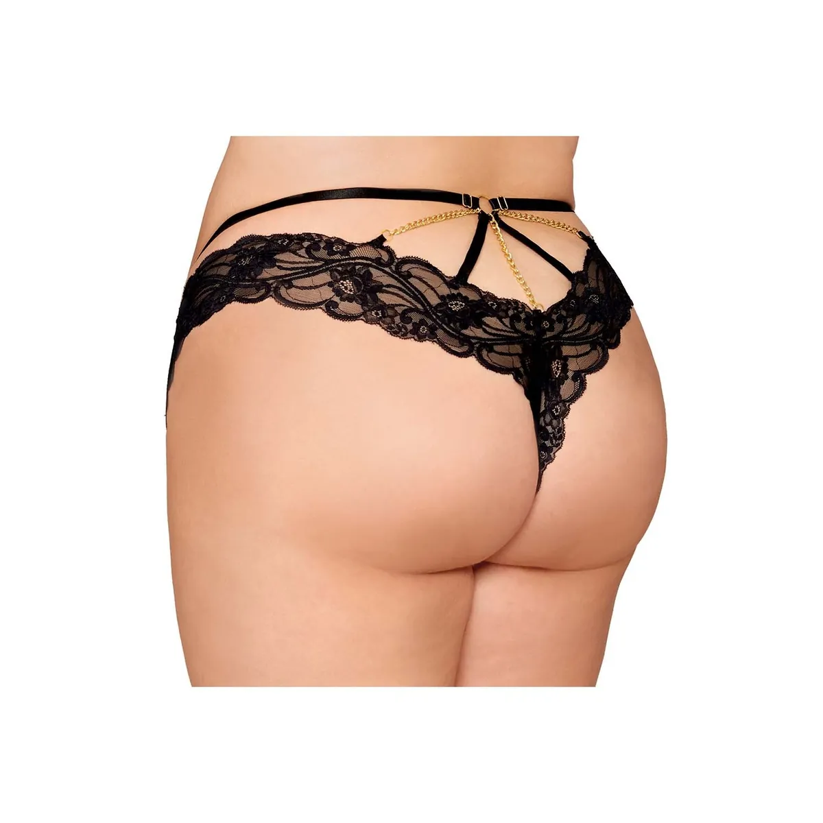 calcinha renda preta fio dental sensual aberta virilha elástica alças cintura ajustáveis costas correntes douradas anéis curvilíneas voluptuosas - Image 3