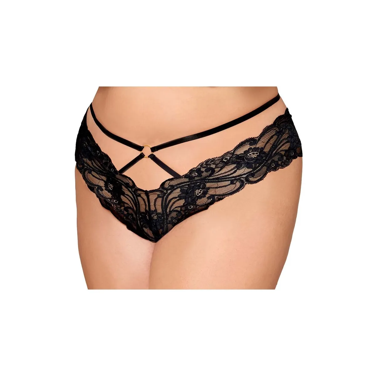 calcinha renda preta fio dental sensual aberta virilha elástica alças cintura ajustáveis costas correntes douradas anéis curvilíneas voluptuosas - Image 2