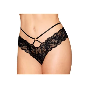 calcinha renda preta string sensual aberta virilha elástica alças cintura ajustáveis costas correntes douradas anéis metal delicada luxuosa