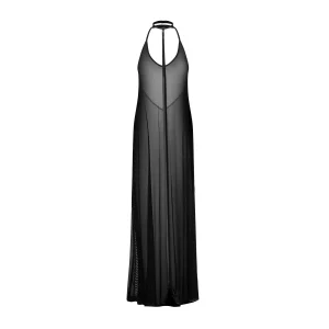 Vestido longo preto Nuites sedutor decote triangular pescoço ultraleve transparente minimalista moderno elegante colar ajustável fita sutil acabamento bruto